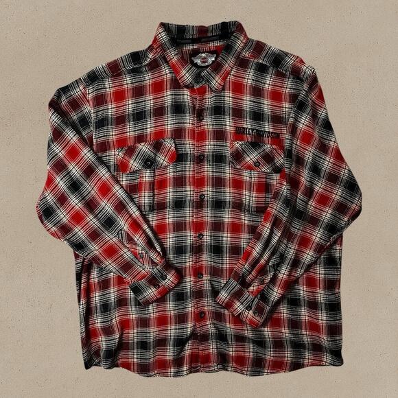 Harley Davidson Men's 3XL Plaid Flannel Button Up Shirt Spell Out Red Gray Black - Picture 7 of 8